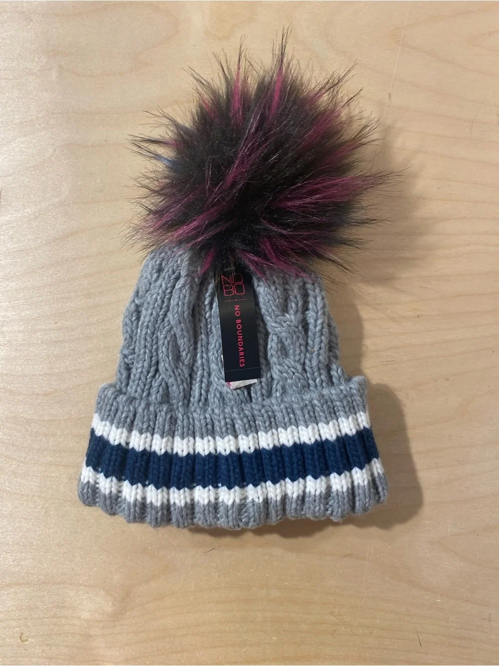 No Boundaries Gray Knit Beanie with Pink and Black Faux Fur Pom (SE)